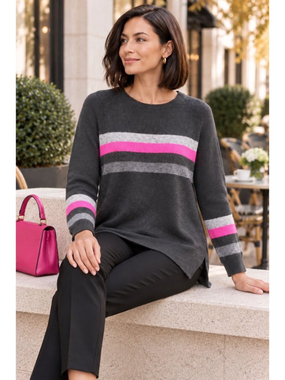 Claudia Nichole 100% Cashmere Sweater S Gray Pink Stripe Dolman Quiet Luxury